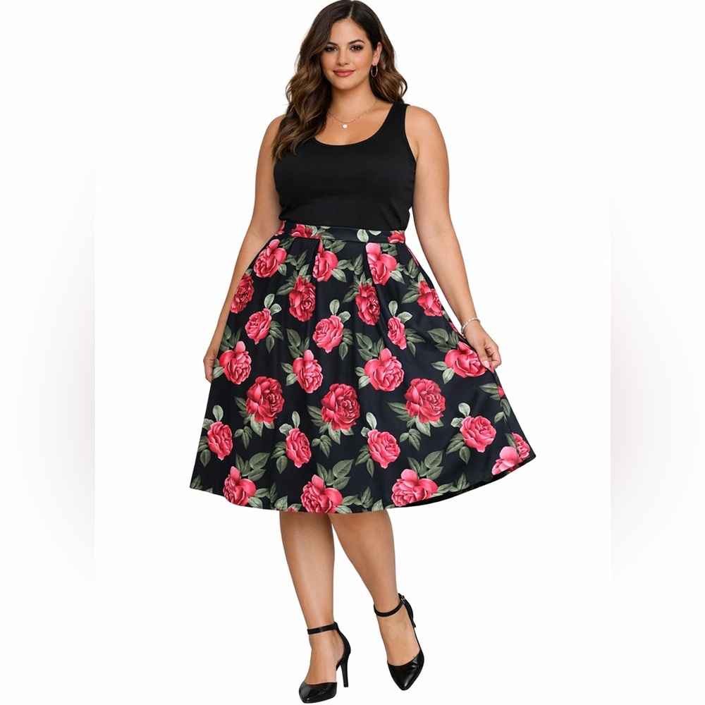Floral Rose spring Black A-line Midi Skirt tea Neoprene feel to it. Size Large